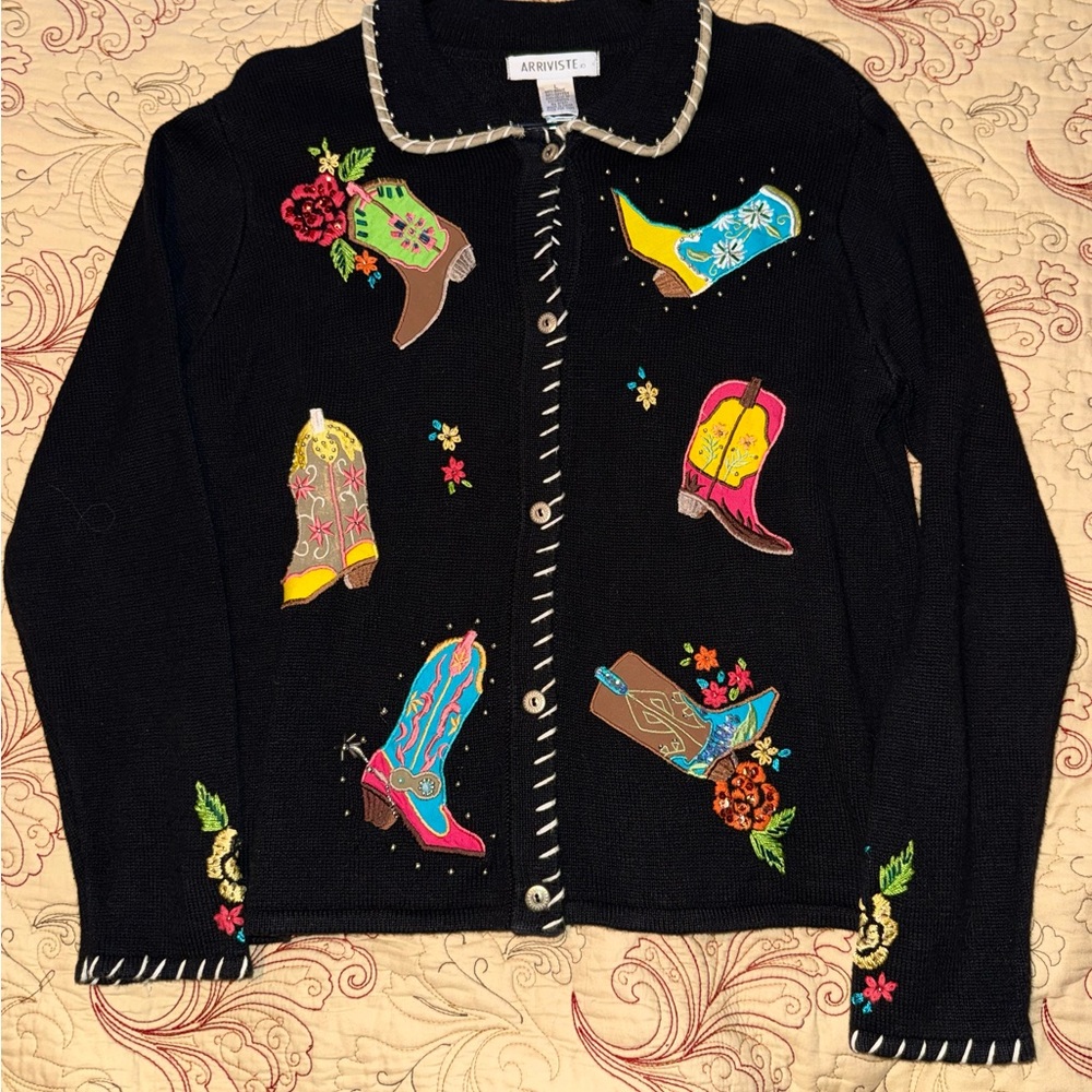 Black Cardigan with Colorful Boot Embroidery. Boot Gals, take a look.